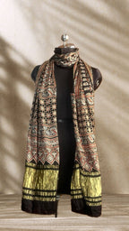 Black Hand Block Print Natural Dyed Modal Silk Ajrakh Stole with Lagdi Patta - Neela Ghar