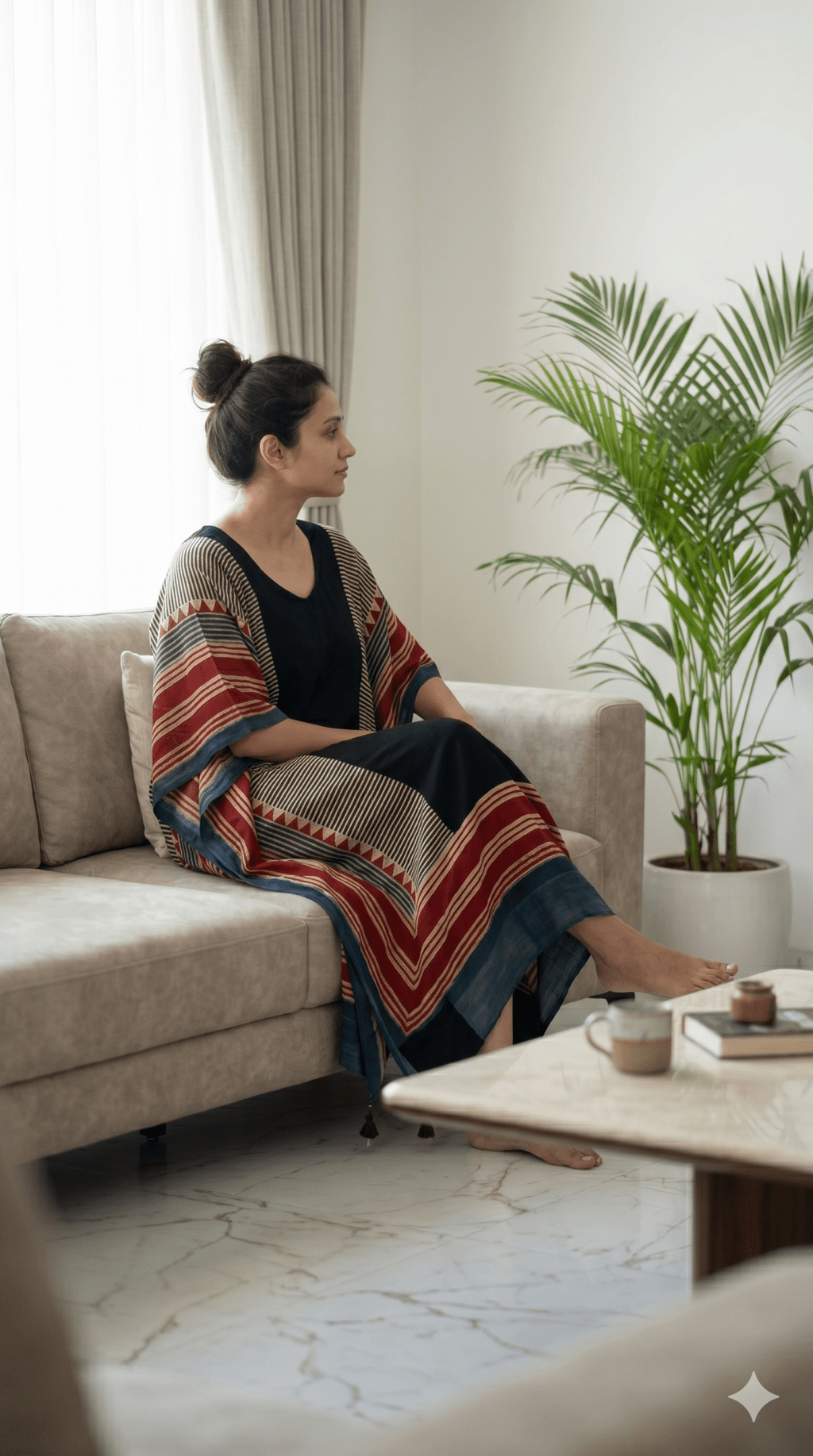 Black Panel Hand Block Print Ajarakh Kaftan Dress, Modal Silk, Indigo Blue Maxi for Women, Free Size - Neela Ghar