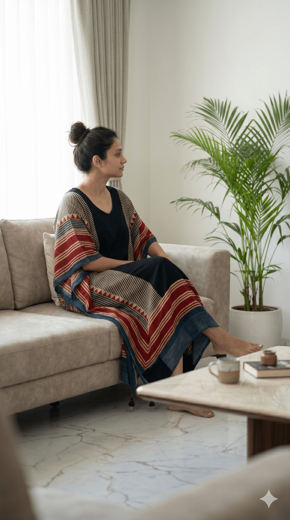 Black Panel Hand Block Print Ajarakh Kaftan Dress, Modal Silk, Indigo Blue Maxi for Women, Free Size - Neela Ghar