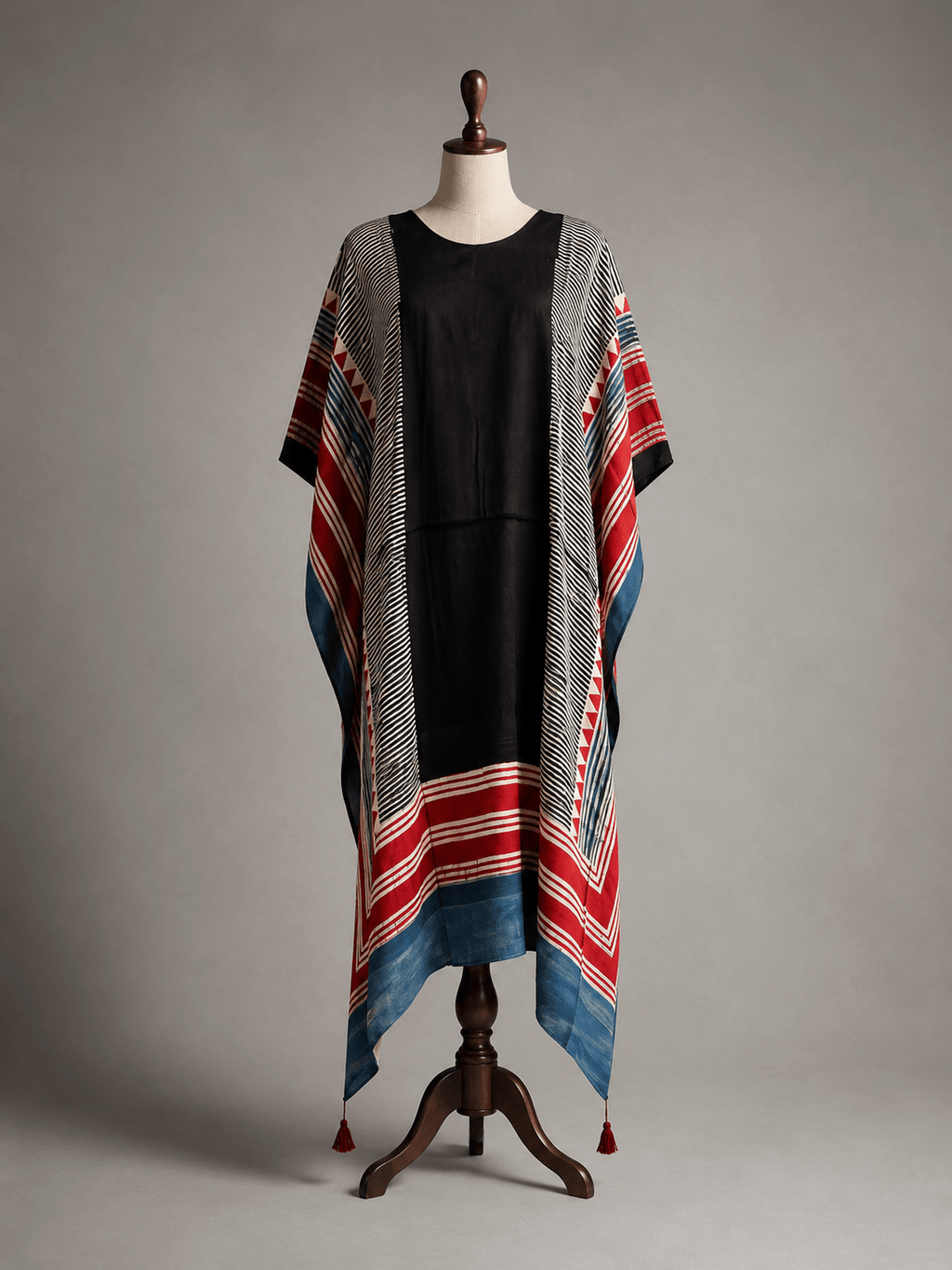 Black Panel Hand Block Print Ajarakh Kaftan Dress, Modal Silk, Indigo Blue Maxi for Women, Free Size - Neela Ghar
