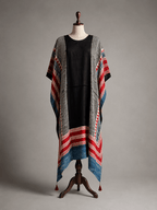 Black Panel Hand Block Print Ajarakh Kaftan Dress, Modal Silk, Indigo Blue Maxi for Women, Free Size - Neela Ghar