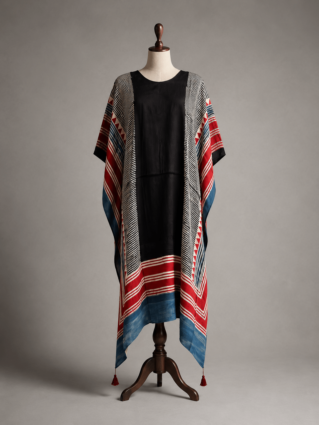 Black Panel Hand Block Print Ajarakh Kaftan Dress, Modal Silk, Indigo Blue Maxi for Women, Free Size - Neela Ghar