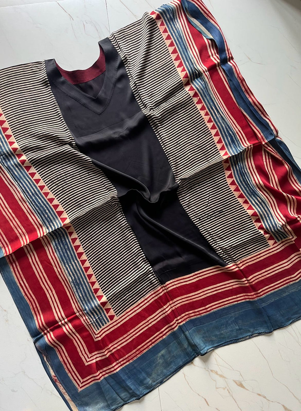 Black Panel Hand Block Print Ajarakh Kaftan Dress, Modal Silk, Indigo Blue Maxi for Women, Free Size - Neela Ghar