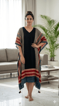Black Panel Hand Block Print Ajarakh Kaftan Dress, Modal Silk, Indigo Blue Maxi for Women, Free Size - Neela Ghar