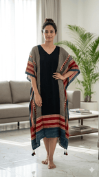 Black Panel Hand Block Print Ajarakh Kaftan Dress, Modal Silk, Indigo Blue Maxi for Women, Free Size - Neela Ghar