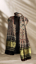 Black Signature Hand Block Print Natural Dyed Modal Silk Ajrakh Stole with Lagdi Patta - Neela Ghar