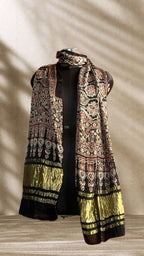 Black Signature Hand Block Print Natural Dyed Modal Silk Ajrakh Stole with Lagdi Patta - Neela Ghar