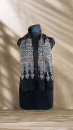 Black Star Ajrakh Hand Block Printed Natural Dyed Modal Silk Stole - Neela Ghar