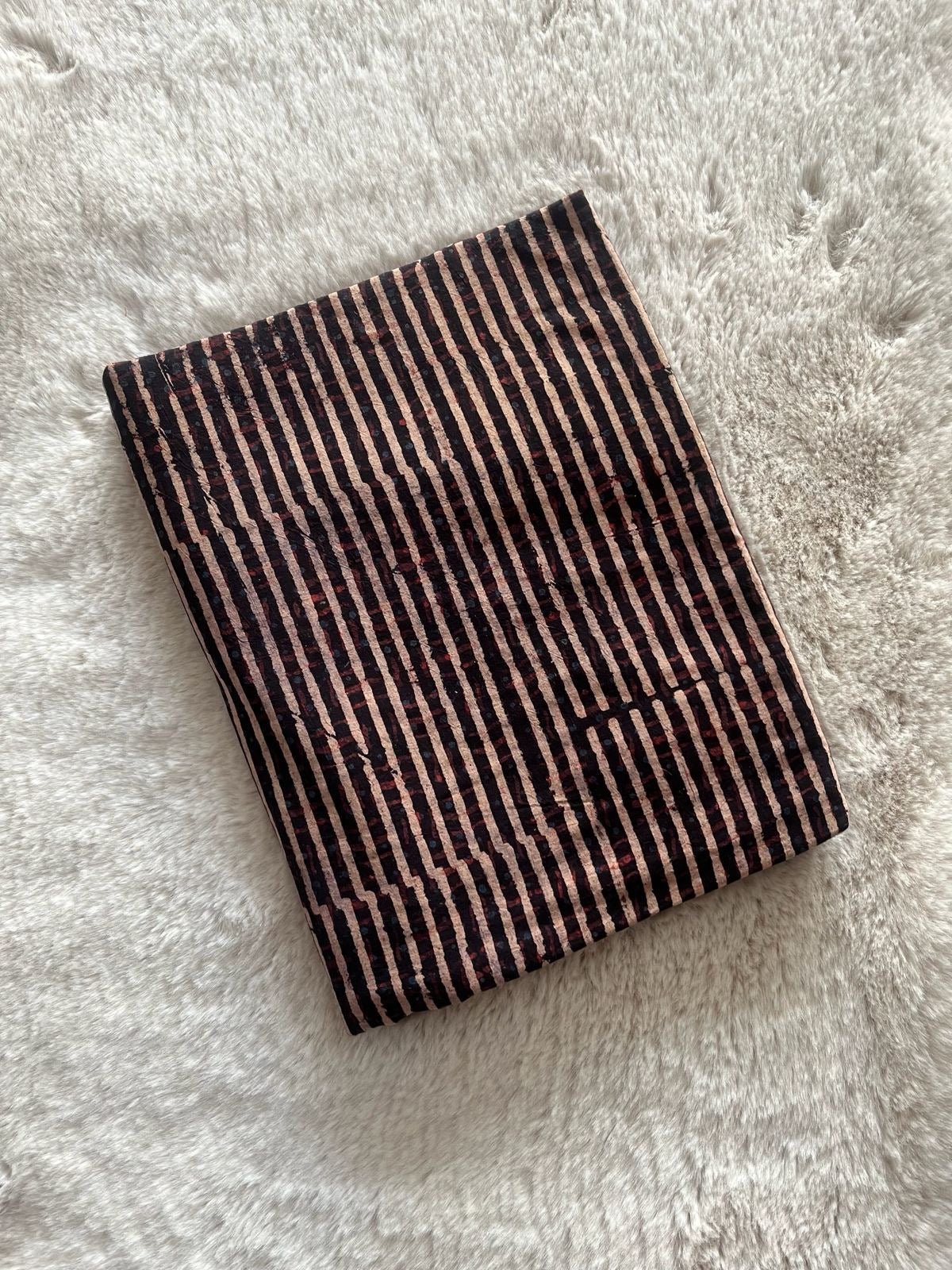 Black Stripes Block Print Natural Dyed Cotton Ajrakh Fabric - Neela Ghar