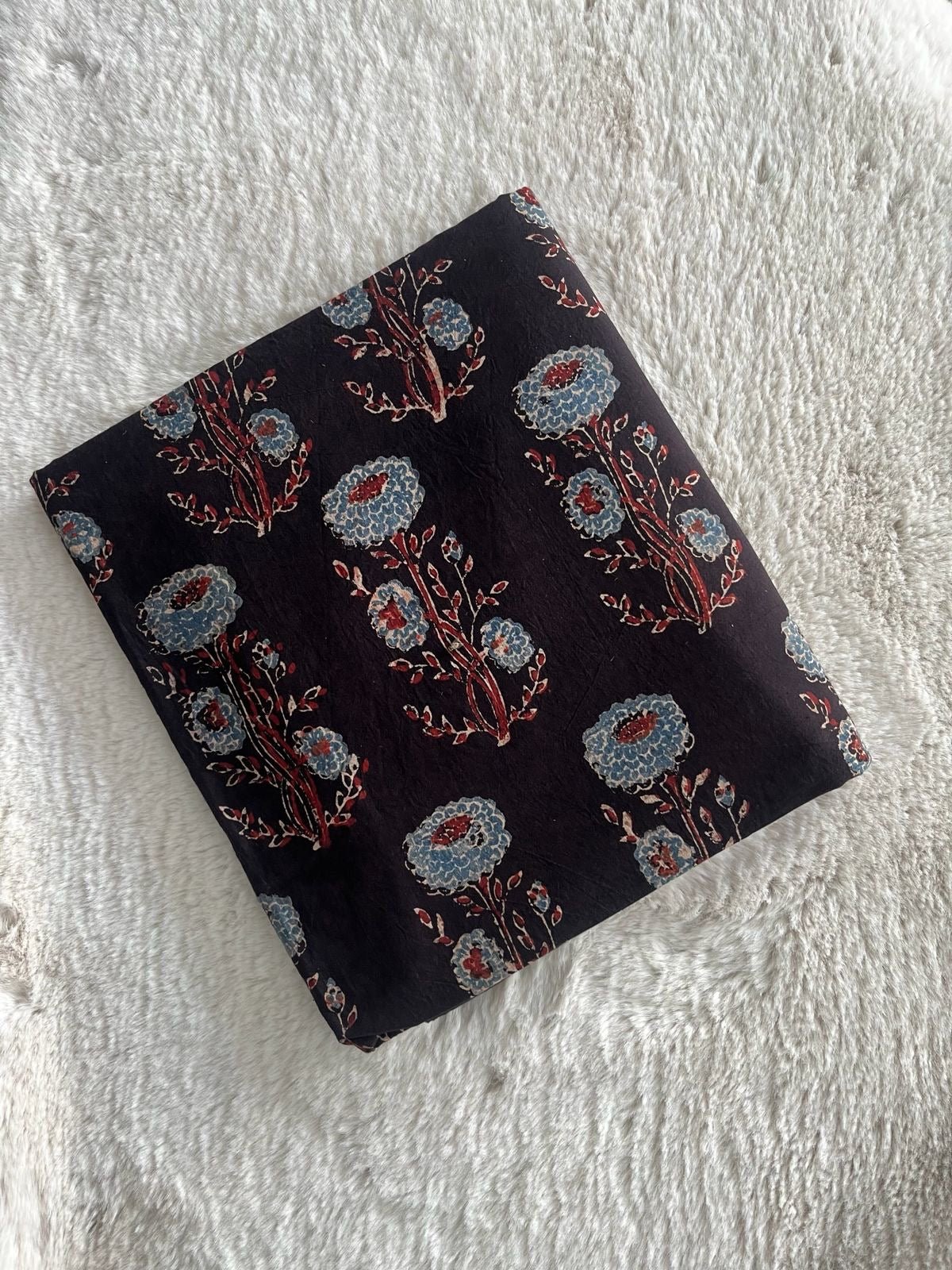 Black Sunflower Block Print Natural Dyed Cotton Ajrakh Fabric - Neela Ghar
