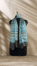 Blue Lotus Ajrakh Hand Block Printed Natural Dyed Modal Silk Stole - Neela Ghar