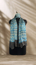 Blue Lotus Ajrakh Hand Block Printed Natural Dyed Modal Silk Stole - Neela Ghar