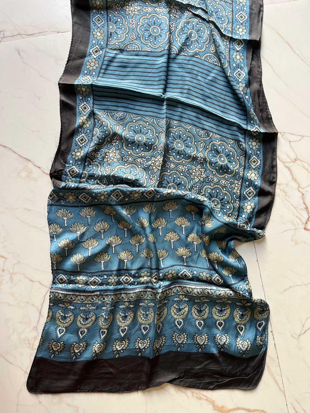 Blue Lotus Ajrakh Hand Block Printed Natural Dyed Modal Silk Stole - Neela Ghar