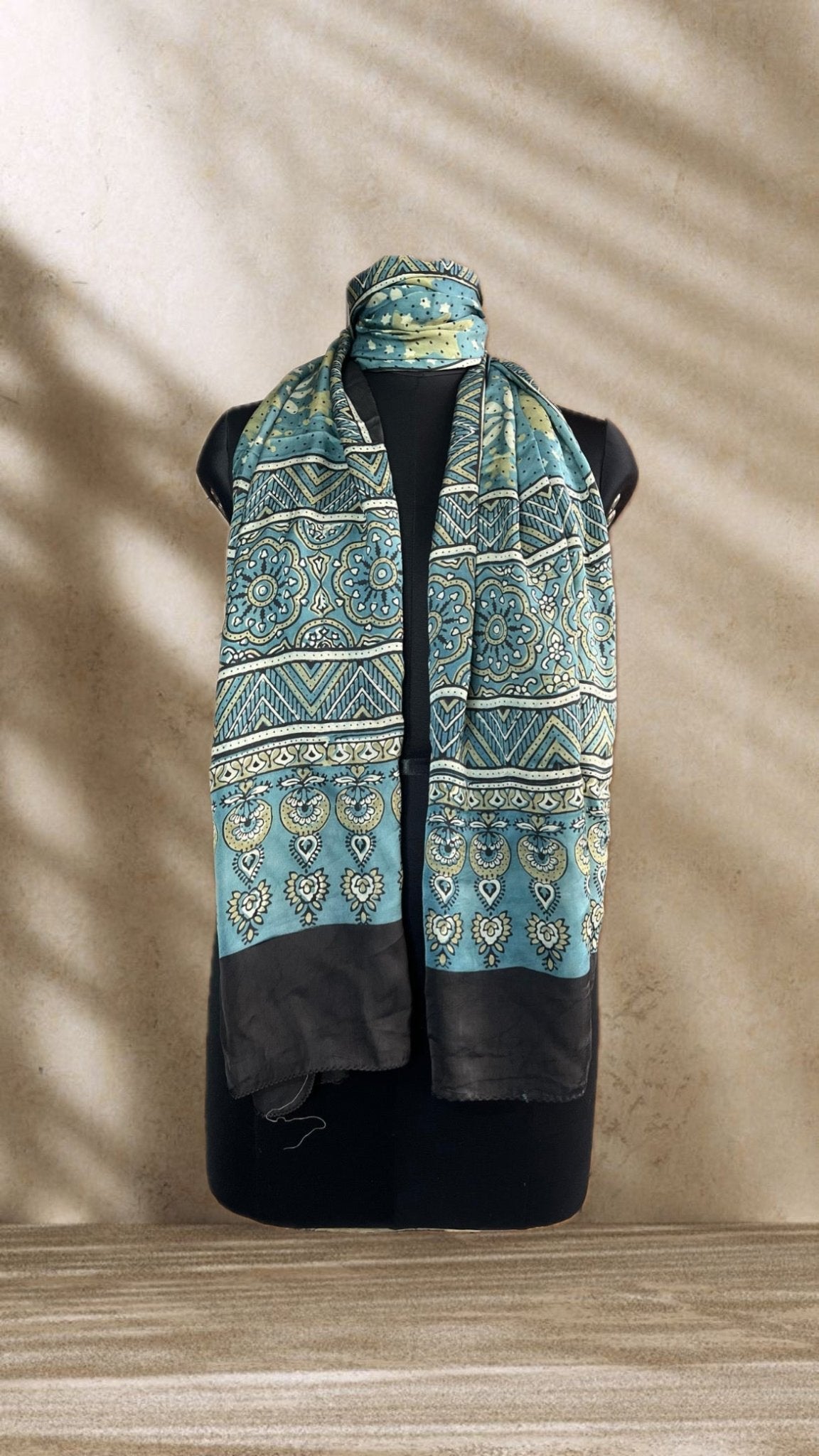 Blue Star Ajrakh Hand Block Printed Natural Dyed Modal Silk Stole - Neela Ghar