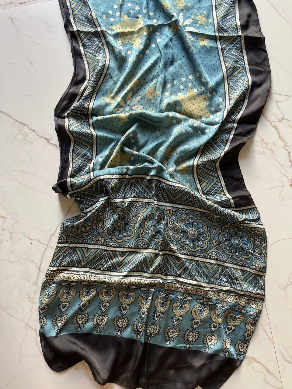 Blue Star Ajrakh Hand Block Printed Natural Dyed Modal Silk Stole - Neela Ghar