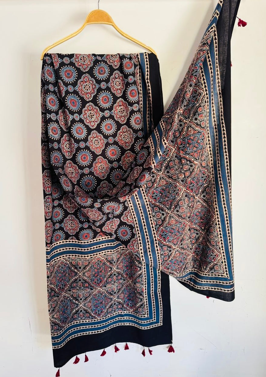 Ajrakh Hand Block Print Natural Dyed Cotton Dupatta With Tassels