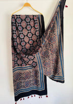 Black Ajrakh Hand Block Print Cotton Dupatta With Tassels 115 - Neela Ghar