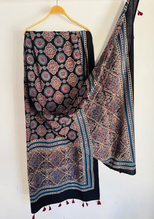 Ajrakh Hand Block Print Natural Dyed Cotton Dupatta With Tassels