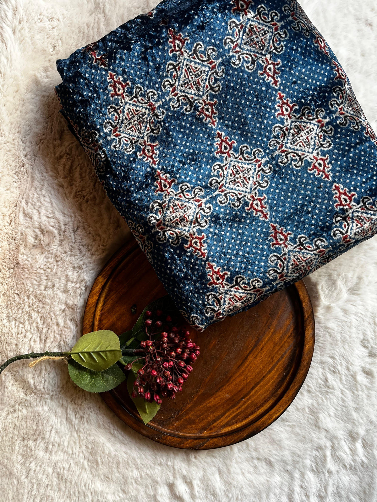 Indigo Jalli Velvet Natural Dyed Hand Block Print Ajrakh Fabric