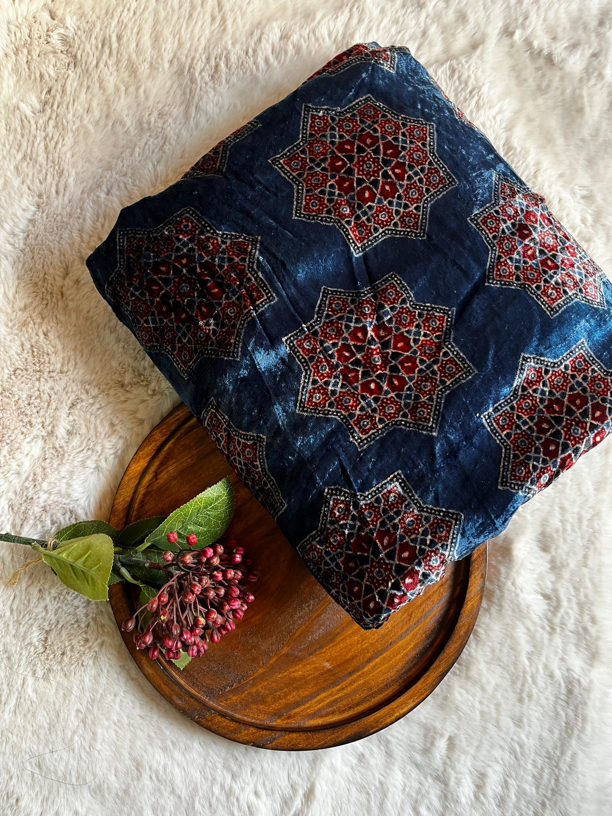 Indigo Star Velvet Natural Dyed Hand Block Print Ajrakh Fabric