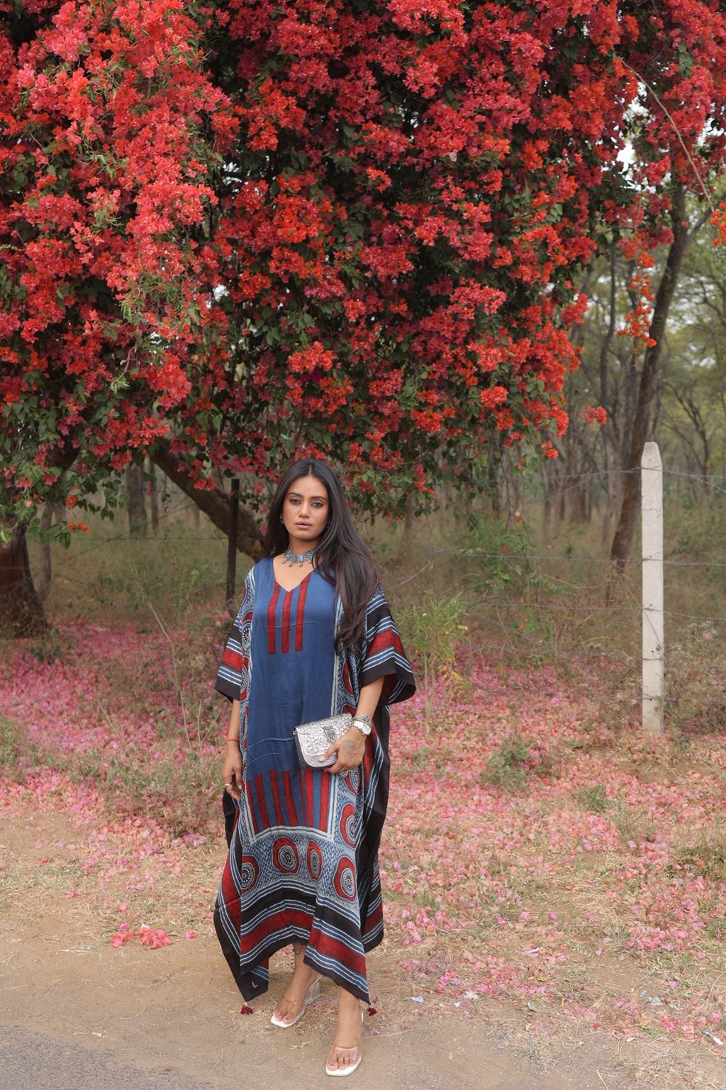 Indigo Red Evil Eye Ajrakh Handblock Kaftan