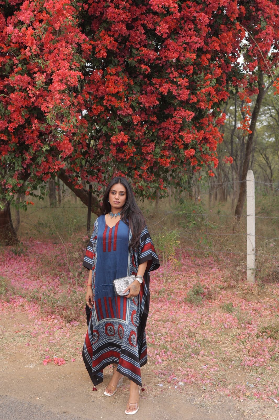 Indigo Red Evil Eye Ajrakh Handblock Kaftan