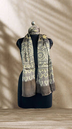 Chickoo Ajrakh Hand Block Printed Natural Dyed Modal Silk Stole - Neela Ghar