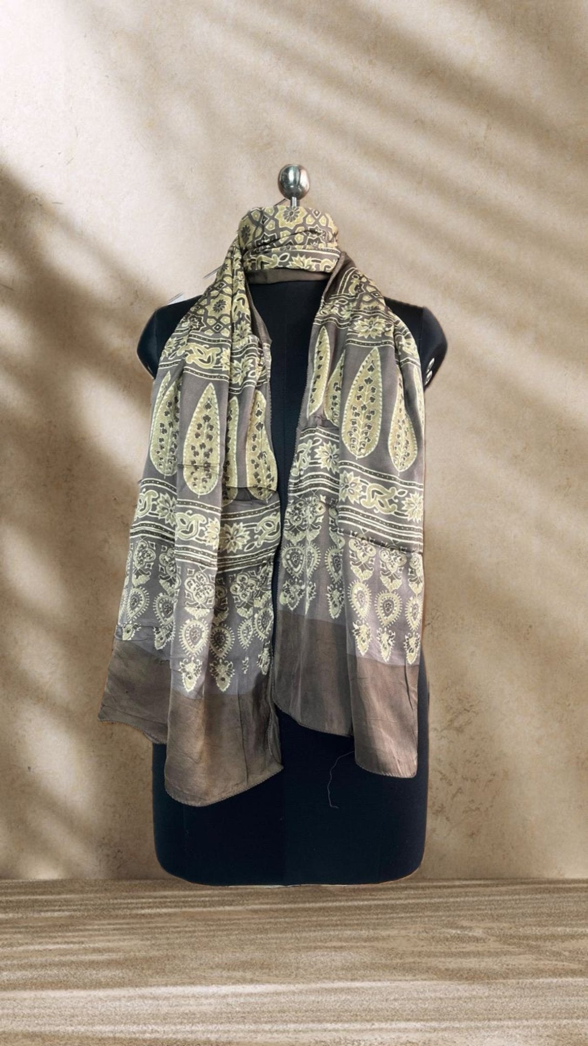 Chickoo Classic Ajrakh Hand Block Printed Natural Dyed Modal Silk Stole - Neela Ghar