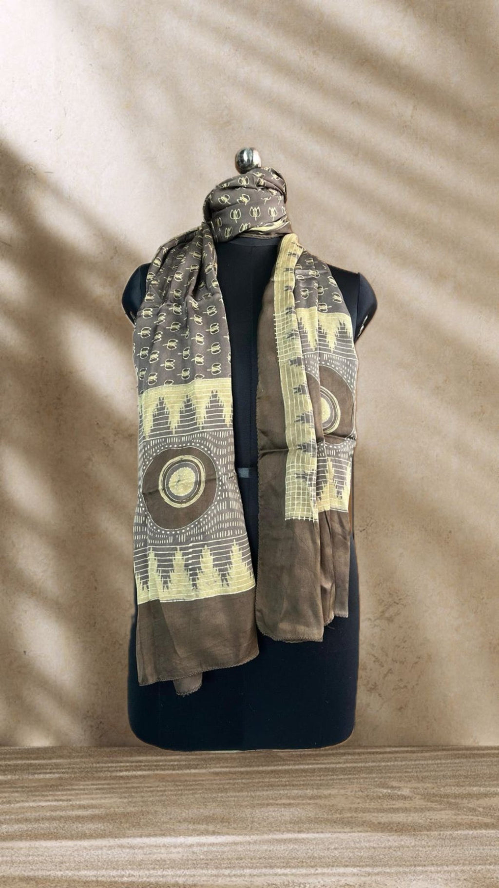 Chickoo Evileye Ajrakh Hand Block Printed Natural Dyed Modal Silk Stole - Neela Ghar