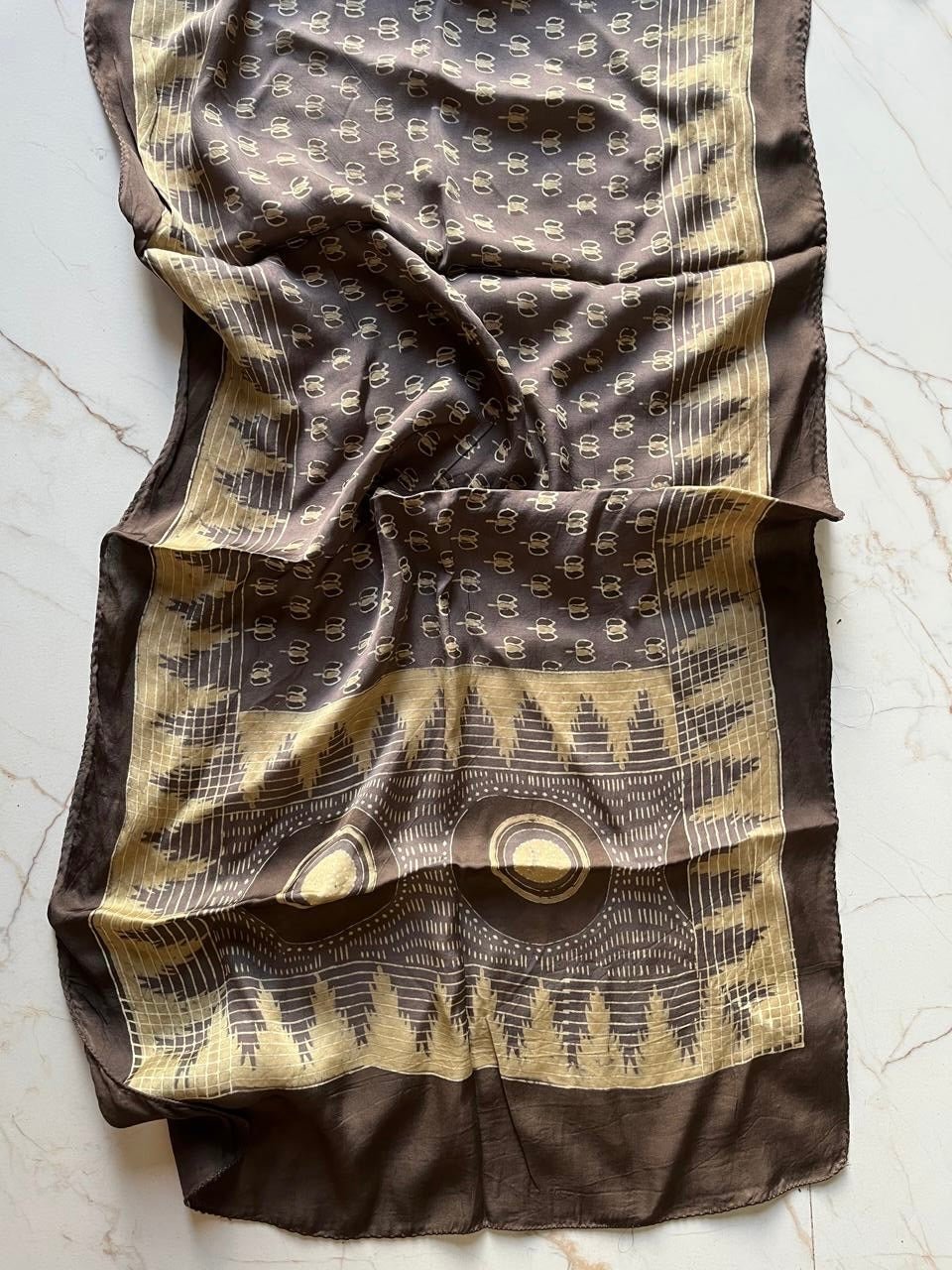 Chickoo Evileye Ajrakh Hand Block Printed Natural Dyed Modal Silk Stole - Neela Ghar