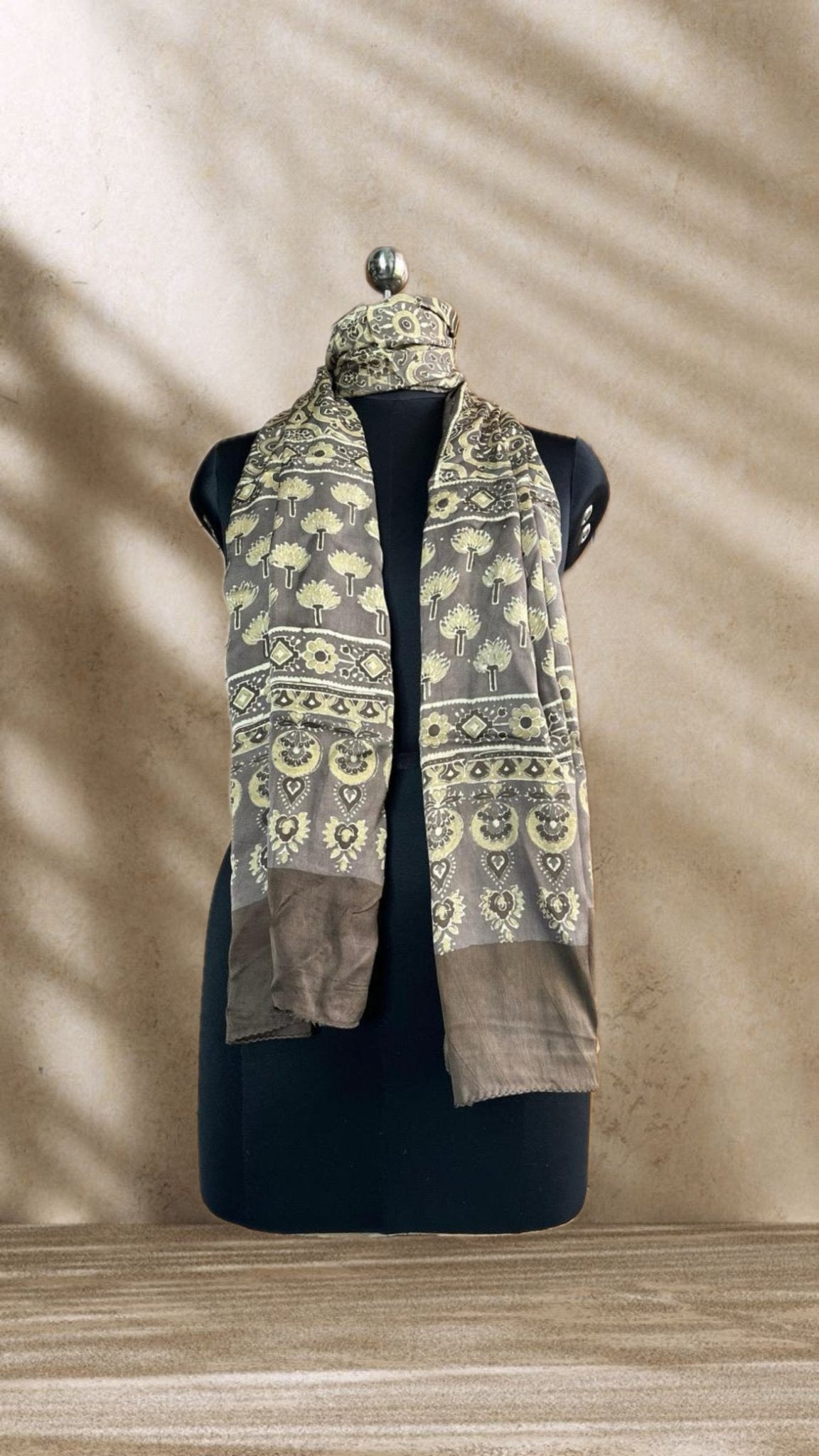 Chickoo Lotus Ajrakh Hand Block Printed Natural Dyed Modal Silk Stole - Neela Ghar