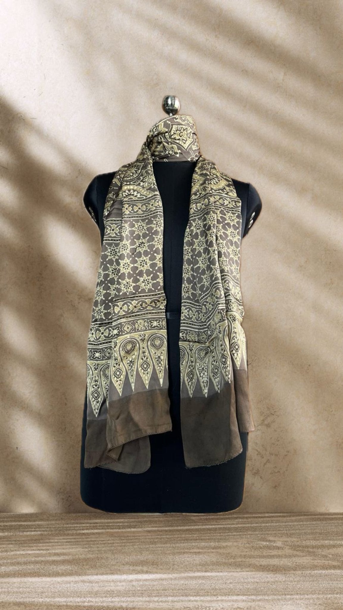 Chickoo Starfish Ajrakh Hand Block Printed Natural Dyed Modal Silk Stole - Neela Ghar