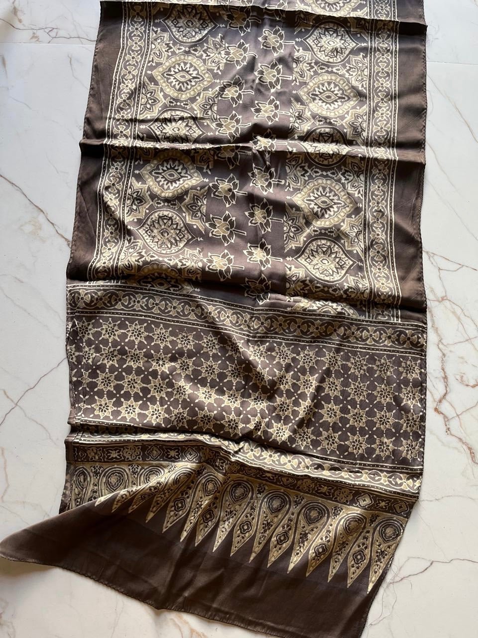 Chickoo Starfish Ajrakh Hand Block Printed Natural Dyed Modal Silk Stole - Neela Ghar