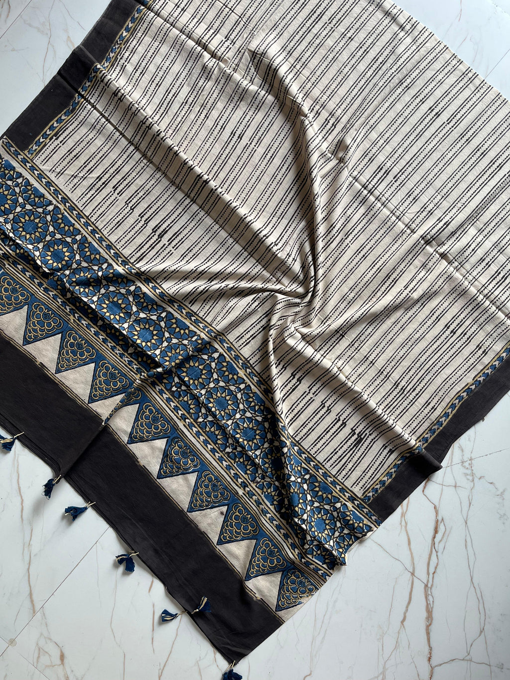 Ajrakh Hand Block Print Natural Dyed Cotton Dupatta With Tassels