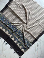Ajrakh Hand Block Striped Print Natural Dyed Cotton Dupatta With Tassels 116 - Neela Ghar