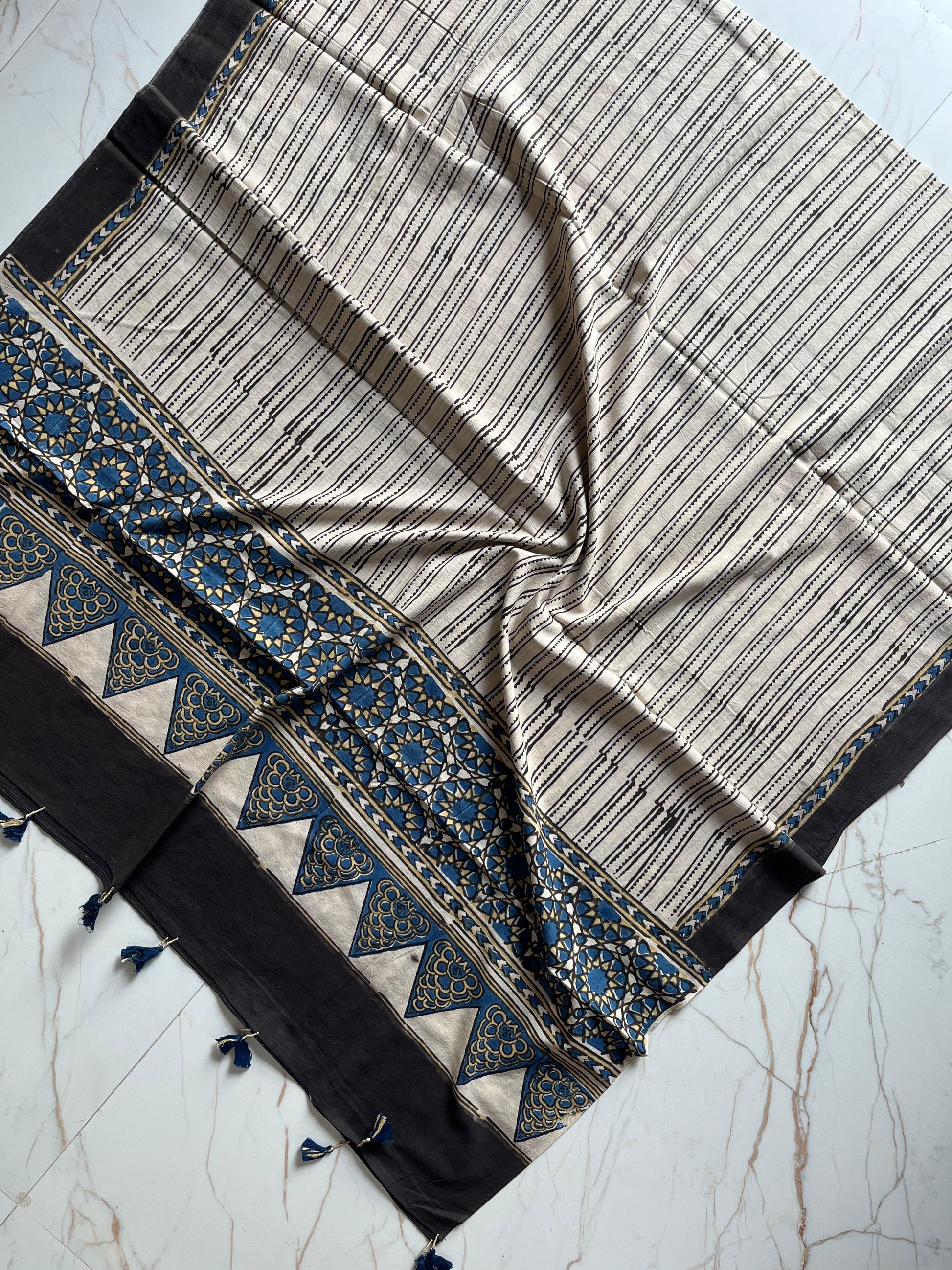 Ajrakh Hand Block Print Natural Dyed Cotton Dupatta With Tassels