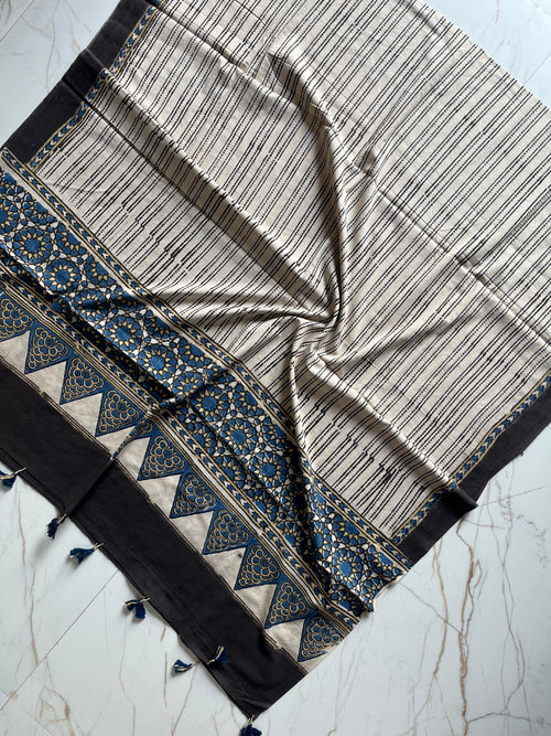 Ajrakh Hand Block Print Natural Dyed Cotton Dupatta With Tassels