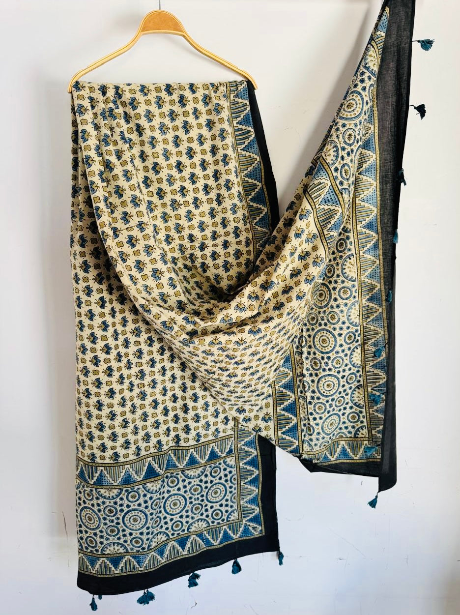 Ajrakh Hand Block Print Natural Dyed Cotton Dupatta With Tassels
