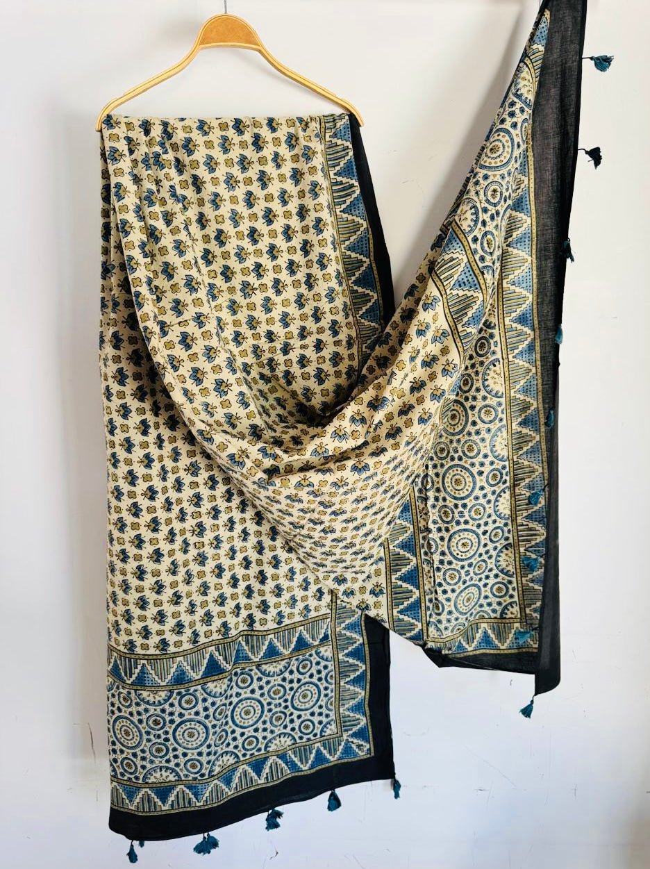 Ajrakh Hand Block Print Natural Dyed Cotton Dupatta With Tassels 107 - Neela Ghar