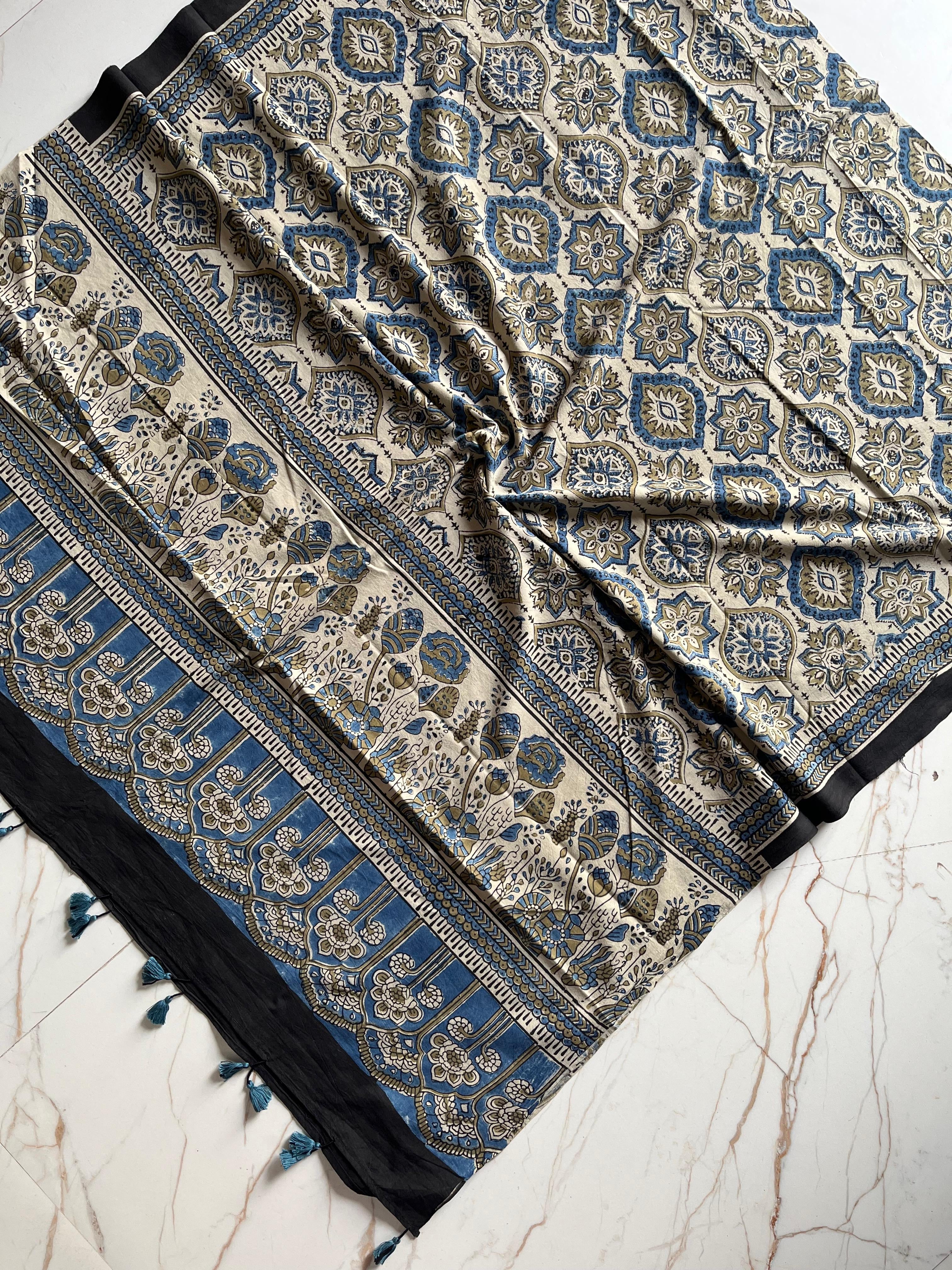 Ajrakh Hand Block Signature Print Natural Dyed Cotton Dupatta With Tassels 109 - Neela Ghar