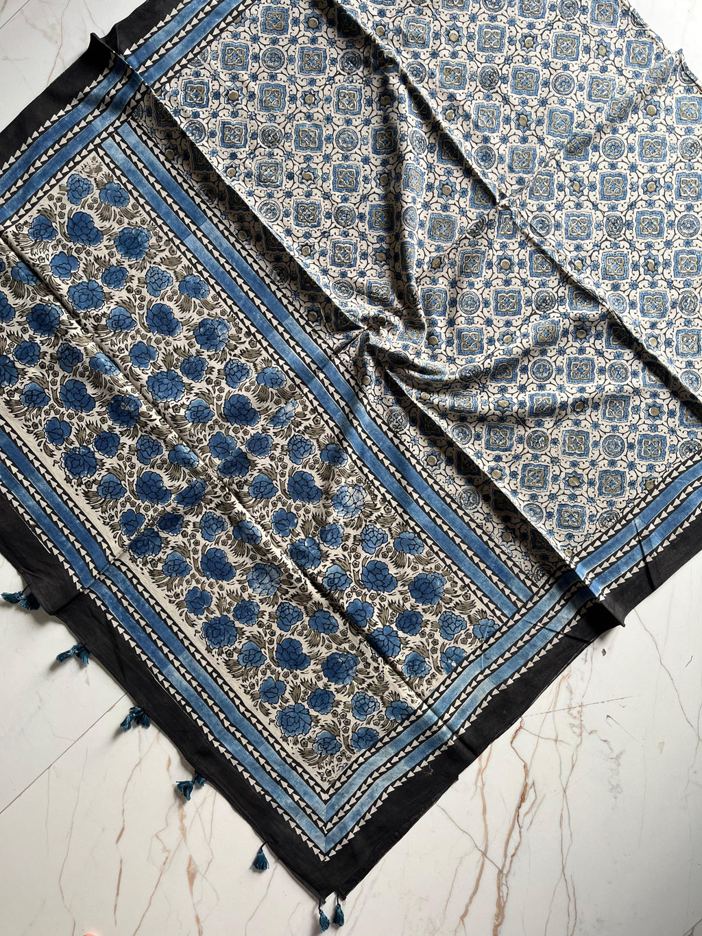 Ajrakh Hand Block Print Natural Dyed Cotton Dupatta With Tassels
