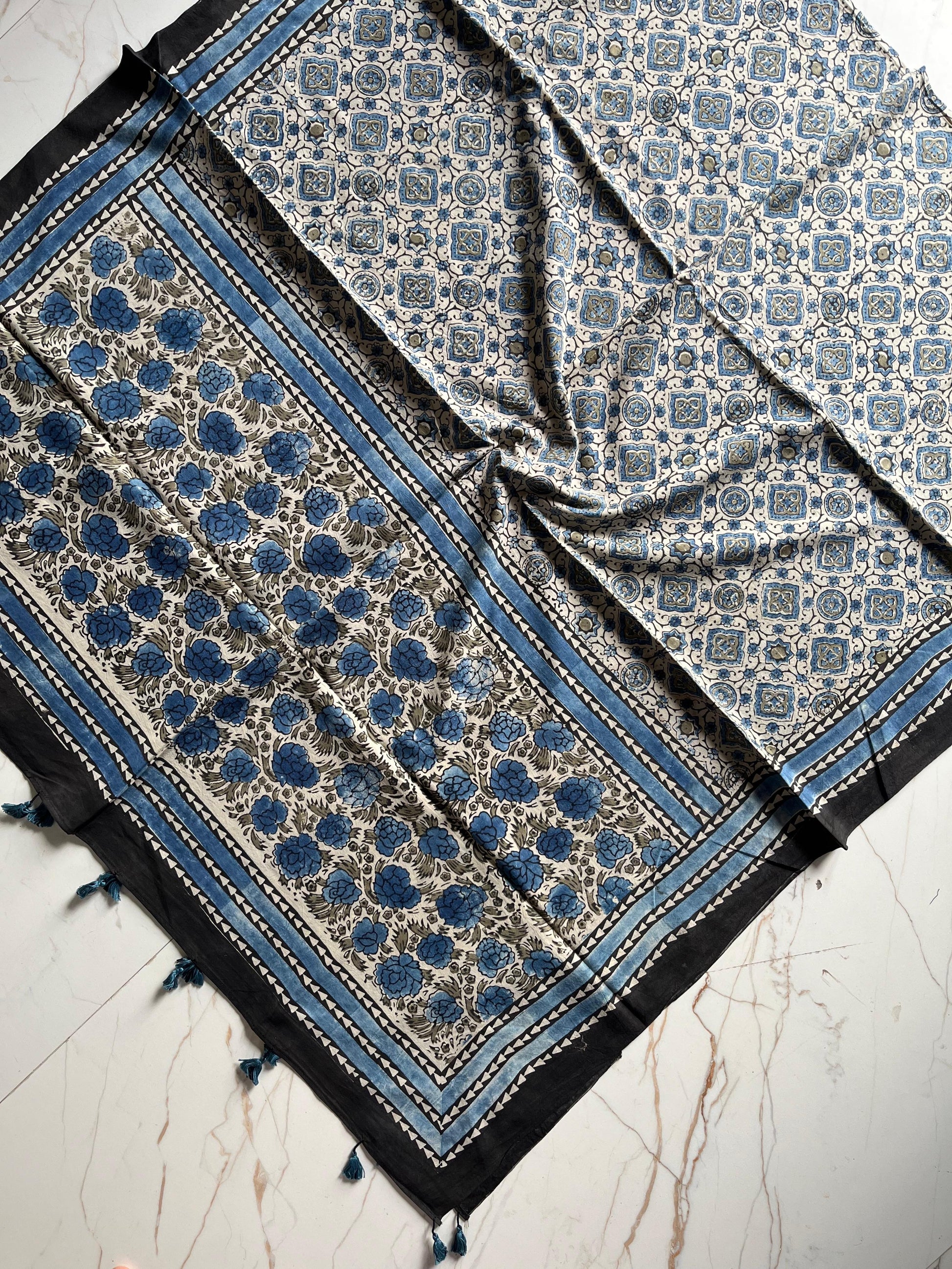 Ajrakh Hand Block Print Natural Dyed Cotton Dupatta With Tassels