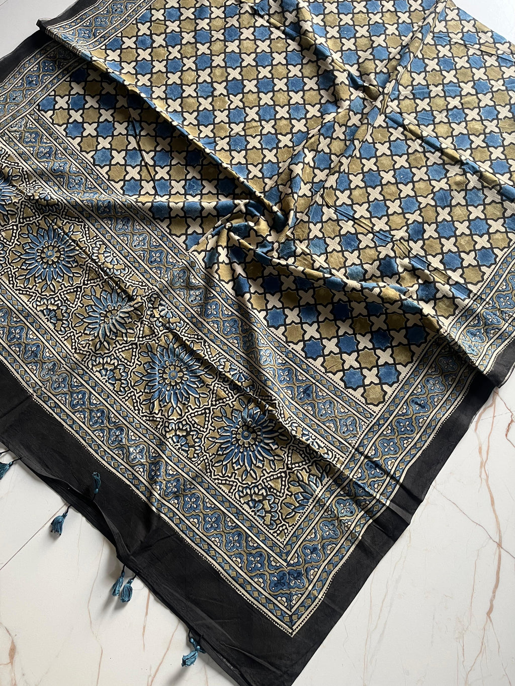 Ajrakh Hand Block Print Natural Dyed Cotton Dupatta With Tassels