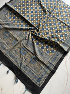 Moroccan Tile Ajrakh Hand Block Print Natural Dyed Cotton Dupatta With Tassels 106 - Neela Ghar