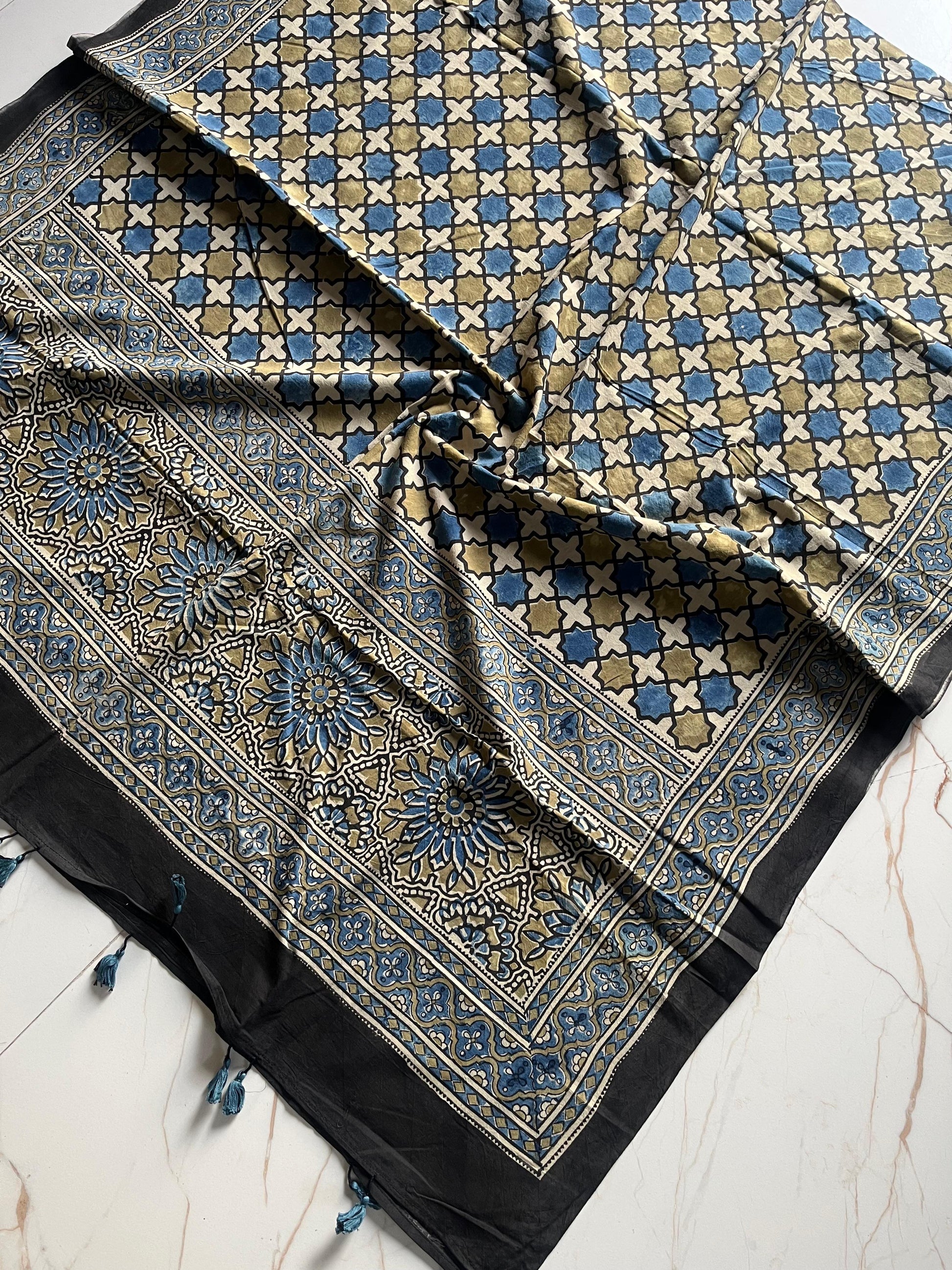 Ajrakh Hand Block Print Natural Dyed Cotton Dupatta With Tassels
