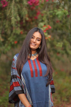 Indigo Red Evil Eye Ajrakh Handblock Kaftan - Neela Ghar
