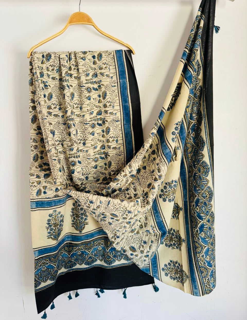Ajrakh Hand Block Print Natural Dyed Cotton Dupatta With Tassels