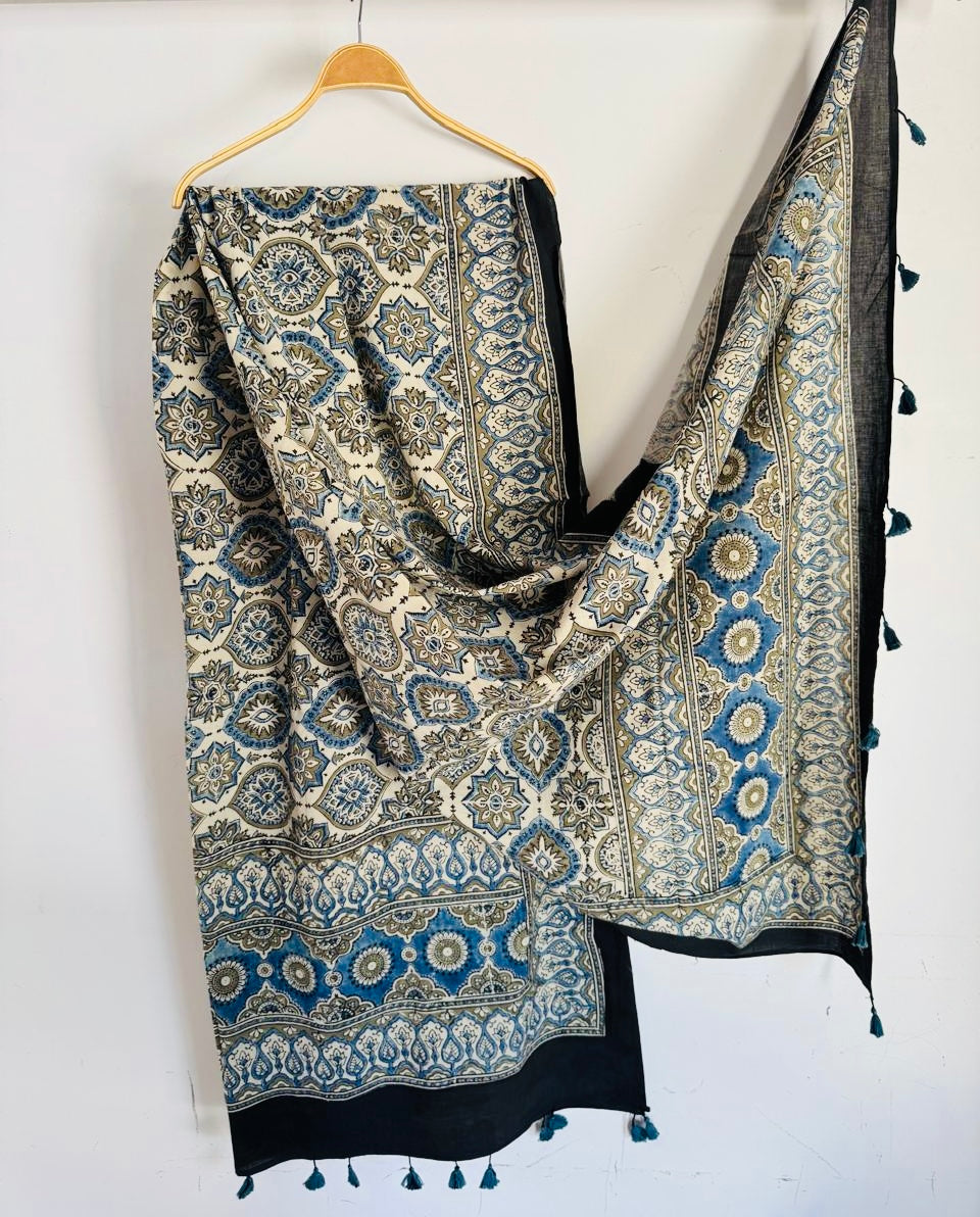 Ajrakh Hand Block Print Natural Dyed Cotton Dupatta With Tassels