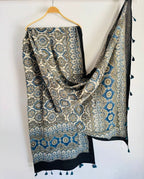 Ajrakh Hand Block Signature Print Natural Dyed Cotton Dupatta With Tassels 111 - Neela Ghar