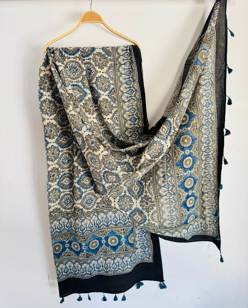 Ajrakh Hand Block Signature Print Natural Dyed Cotton Dupatta With Tassels 111 - Neela Ghar